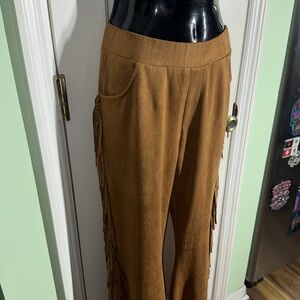 Vocal Brown Fringe 70s Soft Faux Suede Hippie Flare Leg Pants Tall Size Large